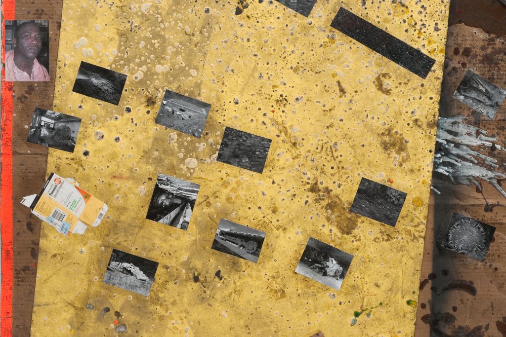 A detail shows a strip of gold leaf on cardboard. Blisters have formed on the gilded surface. Small photographs of a man, caves, and technical apparatus are attached to the strip.