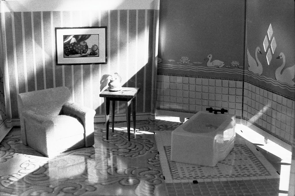 The black-and-white photograph shows an interior fitted with different types of flooring. The room appears to be divided into two sections. One half shows a living room with striped wallpaper and an armchair. The other half shows a bathroom tiled halfway up the wall and decorated in its upper section with swan-patterned wallpaper. A bathtub stands in the bathroom.