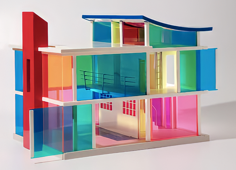 A modernist glass dollhouse  stands against a white background. The house has three floors and consists entirely of windows set in thin frames. These windows are rendered in vivid, saturated colours. One of the few solid elements is a red chimney that extends from the first to the second floor.