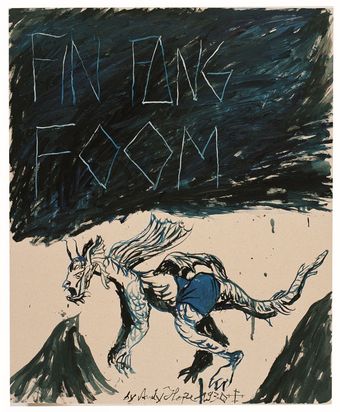 The picture was painted with dark blue and black paint on white cardboard. The upper half of the picture is painted in black and dark blue. The words “FIN FANG FOOM” are written in large, bright letters. The lower half of the picture shows a dragon against a light background. It is flying from the right - towards the left edge of the picture and has horns, small wings, and long arms and legs with pointed claws. The dragon is wearing a superhero cape around its neck and short blue pants. Black mountain peaks can be seen to the left and right of the dragon. 