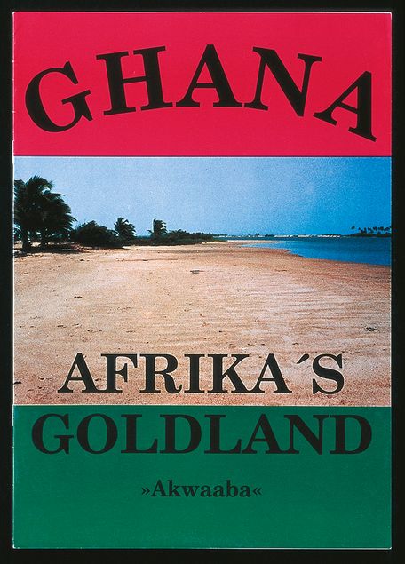Photo of a brochure with a photo of a beach and the text "Ghana. Africa's land of gold"