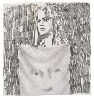 Bleistiftzeichnung einer Person mit langen Haaren, die ein hell schraffiertes Banner vor sich hält, dass ein Gesicht anzudeuten scheint. Das Gesicht der Person ist stilisiert und ruhig, der Hintergrund dicht und dunkel schraffiert, wodurch die Figur hervorgehoben wird.