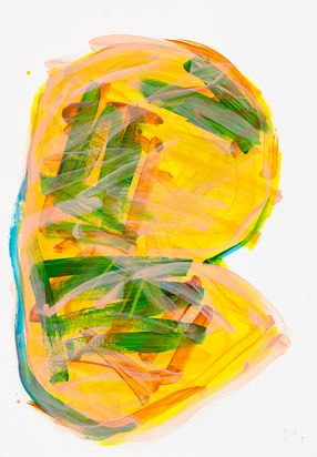 Abstrakte Malerei. Ein formloses Gebilde, das an eine Bohne erinnert, besteht aus kräftigen gelben, grünen, braunen und rosafarbenen Pinselstrichen. 