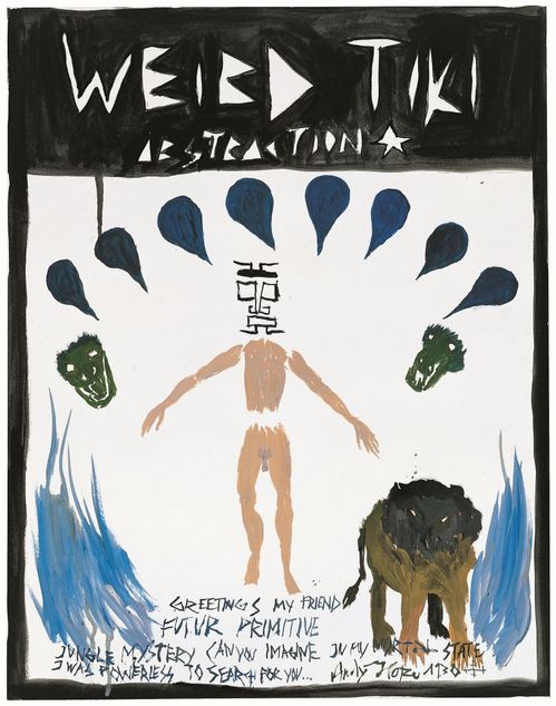 A portrait-format painting. The background is white and the image is outlined in black. The upper quarter of the image is a black area with the words “WEIRD TIKI ABSTRACTION” written in white, angular letters. The naked body of a man can be seen in the center of the remaining part of the image. Instead of a head, however, there is a kind of mask consisting of angular, thin black lines. To the left and right of the body float two green heads with dragon-like faces. Above the figure and the heads are eight dark blue drops arranged in a row. Their tips point downwards towards the man. At the bottom right of the picture is a yellow-brown animal. It looks like a lion and has a dark brown head with small yellow eyes, no nose, and no mouth. To the right of the lion and also in the lower left corner of the picture, many light blue lines form wave-like shapes. At the very bottom of the picture, in thin, dark blue, angular, and scrawled writing, is the text: “GREETINGS MY FRIEND FUTUR PRIMITIVE JUNGLE MYSTERY CAN YOU IMAGINE MY MORTAL STATE I WAS POWERLESS TO SEARCH FOR YOU... Andy Hope 1930.”