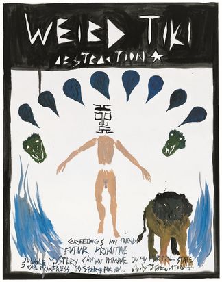 A portrait-format painting. The background is white and the image is outlined in black. The upper quarter of the image is a black area with the words “WEIRD TIKI ABSTRACTION” written in white, angular letters. The naked body of a man can be seen in the center of the remaining part of the image. Instead of a head, however, there is a kind of mask consisting of angular, thin black lines. To the left and right of the body float two green heads with dragon-like faces. Above the figure and the heads are eight dark blue drops arranged in a row. Their tips point downwards towards the man. At the bottom right of the picture is a yellow-brown animal. It looks like a lion and has a dark brown head with small yellow eyes, no nose, and no mouth. To the right of the lion and also in the lower left corner of the picture, many light blue lines form wave-like shapes. At the very bottom of the picture, in thin, dark blue, angular, and scrawled writing, is the text: “GREETINGS MY FRIEND FUTUR PRIMITIVE JUNGLE MYSTERY CAN YOU IMAGINE MY MORTAL STATE I WAS POWERLESS TO SEARCH FOR YOU... Andy Hope 1930.”