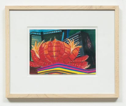 Framed, color-intensive illustration of a large red, lotus-like flower shape with golden rays rising from its sides. Behind it rise stylized skyscrapers, while curved, rainbow-colored stripes run across the foreground.