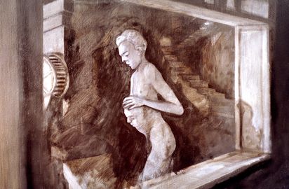 In brauntönen gemalte Ansicht eines nackten Mannes, dem ein (zweiter) Kopf aus dem Unterleibwächst.