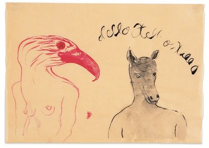 Zeichnung zweier Fabelwesen mit Menschenkörper und Vogel, bzw. Pferdekopf. Darüber die Aufschrift "Hello Hello Hello".