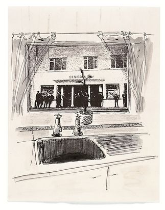 Lockere Zeichnung einer Küchenspüle, darüber ein Fenster oder ein Bilderrahmen mit einem schraffiert anmutenden Bild einer Kinofassade und Menschen mit der Aufschrift "Cinema", links und rechts von diesem Rahmen Vorhänge.