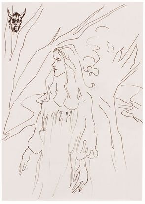 The picture was drawn with a thin black pen on white paper. A woman stands in the middle of the picture. She is wearing a dress with long sleeves. She has long hair and her head is turned to one side. In the background, the outlines of two trees without leaves can be seen. In the upper left corner of the picture is a face with a beard and short hair. It has two horns on its head.