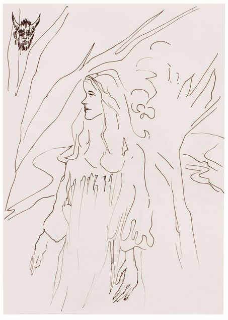 Das Bild im Hochformat wurde mit einem dünnen schwarzen Stift auf weißem Papier gezeichnet. Eine Frau steht in der Mitte des Bildes. Sie trägt ein Kleid mit langen Ärmeln. Sie hat lange Haare und hat den Kopf zur Seite gedreht. Im Hintergrund sind die Umrisse von zwei Bäumen ohne Blätter zu sehen. In der linken oberen Ecke des Bildes ist ein Kopf zu sehen, der zwei Hörner, kurze Haare und einen Bart hat.