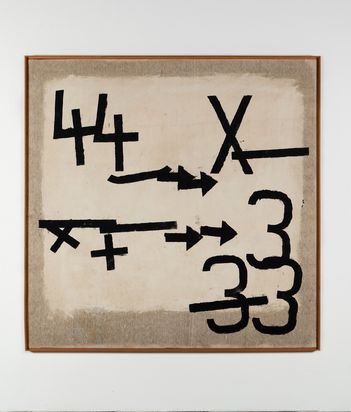Framed abstract painting with black brushstroke symbols—arrows, Xs, 44 and stacked 3s—on a beige textured canvas.
