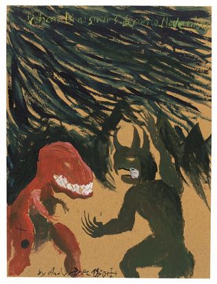 The picture was painted with oil paints on cardboard. The background is a very light brown, almost orange. Two figures can be seen in the lower half of the picture. The one on the left is a red dinosaur that looks like a T-Rex with short arms, sharp white teeth, and yellow eyes. The figure on the right is painted in dark brown, almost black, and has a human body but a monster-like head with three pointed horns, a huge mouth, and yellow eyes. The two figures are glaring at each other, and the creature on the right is stretching one arm into the air. Mountains can be seen on the horizon behind the figures. The upper half of the picture is covered with black and dark blue lines that slant down from above toward the figures.