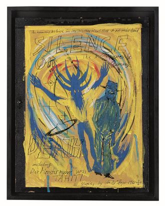 The picture was painted on cardboard using gouache and felt-tip pen. The background is yellow and the picture has a black border. In the middle of the picture is a creature with a human body, stretching both arms upwards. It has a very tall head with six horns, its body and head are blue, and it is wearing a yellow T-shirt. Right next to it is a face-covered man wearing a hat. He is painted in blue and a little yellow. Behind the two figures are many colorful lines painted in a circular pattern. In large letters, the words “SILENCE OR” are written at the top of the picture and “DEATH” at the bottom. To the right of the word ‘Silence’ is written “The incomparable Humans.” In smaller letters at the very top of the picture is written: “The humans believe in DESTROYING what they do not understand.” At the bottom of the picture is written “The monster maker from TAHITI all Stories by Andy Hope 1930.”  Translated with DeepL.com (free version)