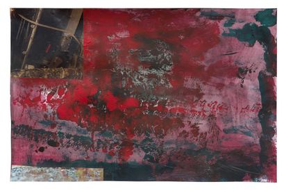 An abstract composition with predominantly red, black, and green colour fields. The surface shows varied textures, including brush and roller marks. In the upper left area, there is a small photographic element depicting mechanical details.