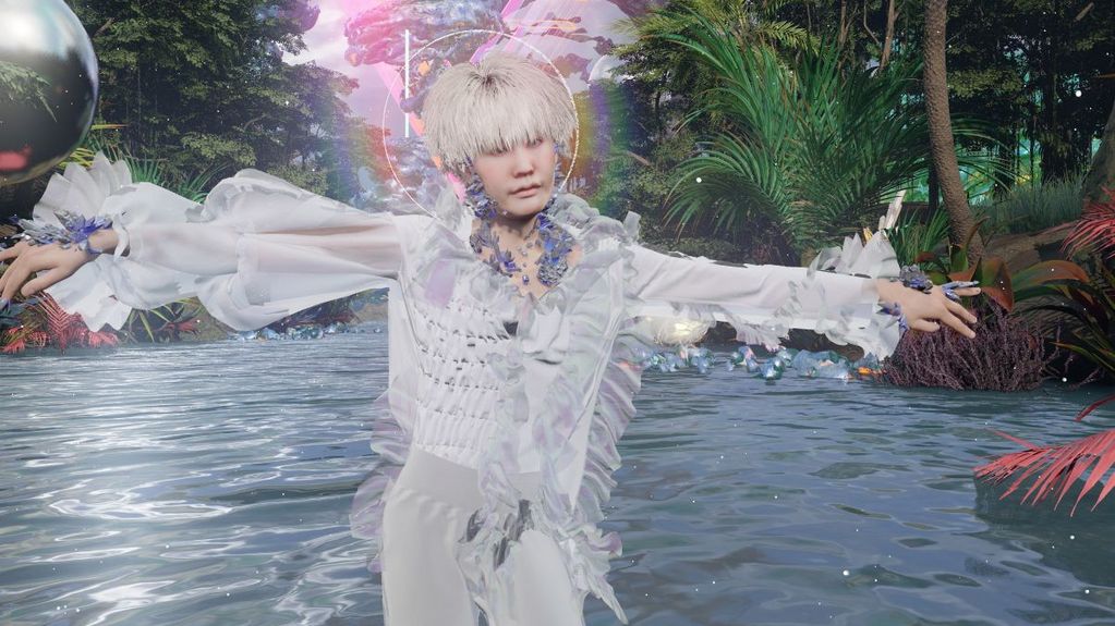 Ein Videospielcharakter in weißer Rüschenbluse steht vor einer sprudelnden Quelle. Hinter ihm steigt rosafarbenes Licht auf.