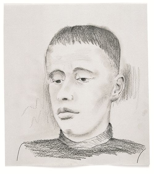 Bleistiftzeichnung eines nachdenklich blickenden Jungen. 