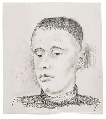 Bleistiftzeichnung eines nachdenklich blickenden Jungen. 