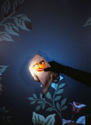 Vor einer blauen, geblümten Tapete, die an eine Meereslandschaft erinnert, hält eine schwarz behandschuhte Hand ein Puppengesicht, das von einem Küchenhandtuch gerahmt wird. 