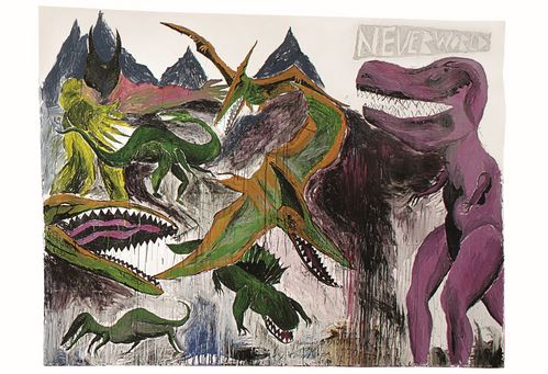 Eine große Malerei im Querformat. Das Bild wurde mit Acrylfarbe auf Leinwand gemalt. Über das ganze Bild verteilt sind verschiedene Dinosaurier zu sehen. Im Hintergrund sind hohe dunkle Berge, der Himmel ist weiß. Auf der linken Hälfte des Bildes drei kleinere grüne Dinosaurier zu sehen. Ganz am linken Rand des Bildes ist nur der große Kopf eines Dinosauriers zu sehen. Er ist grün und orange mit einem großen offenen Maul und spitzen weißen Zähnen. Durch die Mitte des Bildes fliegen zwei Flugsaurier. Sie sind grün und orange und haben auch ihre Mäuler geöffnet und zeigen ihre spitzen Zähne. Auf der rechten Seite des Bildes ist ein riesiger pinker Dinosaurier zu sehen, der aussieht wie ein T-Rex. Er hat einen riesigen Kopf mit spitzen weißen Zähnen und sehr kleine Arme.