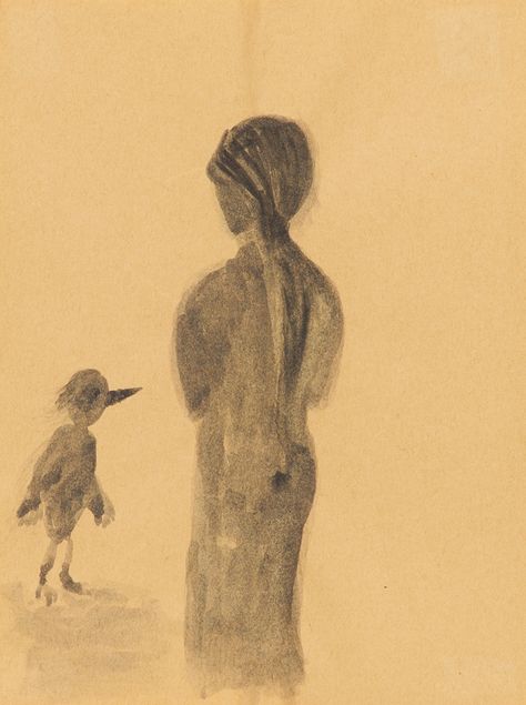 Eine schemenhaft angedeutete Figur in Rückansicht wendet sich einem anthopomorphen Vogelwesen zu.