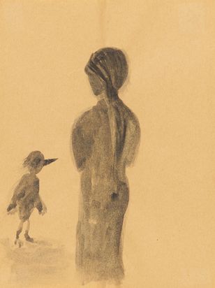 Eine schemenhaft angedeutete Figur in Rückansicht wendet sich einem anthopomorphen Vogelwesen zu.