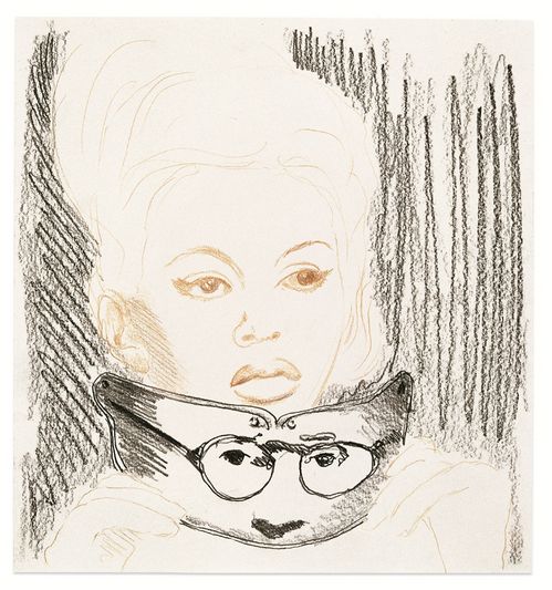 Eine Zeichnung in Bleistift und Braunstift. Sie zeigt in braunen Linien ein Frauenporträt, die Frau nimmt mit beiden Händen eine Maske ab, die ein Männergesicht mit Brille zeigt. der Hintergrund ist dunkel schwarz schraffiert.