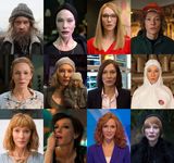 Zusammensetzung von 12 Portraitfotos von Cate Blanchett in unterschiedlichen Rollen und Kostümen, darunter z.B. ein bärtiger Obdachloser, eine rothaarige Frau mit Hutschleier, oder dunkelhaarige Businessfrau. 