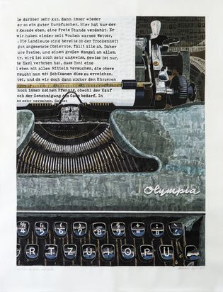 Close-up of a typewriter with paper inserted. The text is not completely legible, but you can see that it is a letter reporting on the poor fruit harvest and rising prices, among other things. On closer inspection, the image consists of many other smaller images.