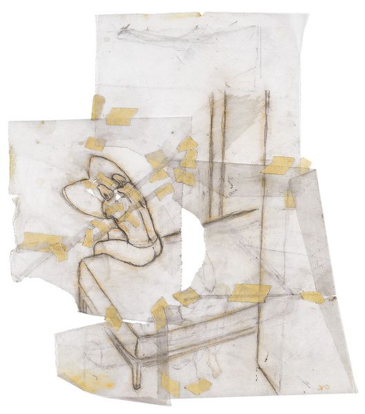 Collagenartige fragmentarische Zeichnung einer Figur, die auf der Bettkante ihr Oberteil auszieht.