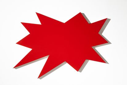 Ein roter Stern mit zehn unregelmäßigen Spitzen. Das Objekt hat etwas comichaftes.