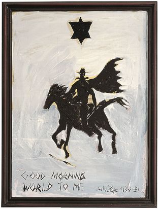 A painting in portrait format. The picture was painted with oil paints on wood and has a dark brown, almost black frame. The background of the painting is white. In the center of the white area, a rider on a galloping horse can be seen riding toward the left edge of the painting. The horse and rider are painted in black. The rider wears a cowboy-style hat and a cape that blows in the wind. At the top center of the painting is a black hexagonal star. At the bottom left of the painting is written in thin, black, scrawled letters: “GOOD MORNING WORLD TO ME.” At the bottom right is the artist's signature in equally scrawled letters: “Andy hope 1930.”