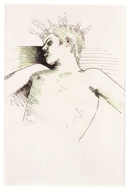 Drawing of the upper body of a young man lying down, with radiating lines extending from his head.