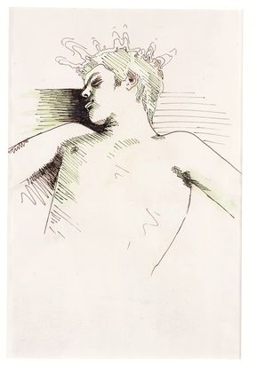 Drawing of the upper body of a young man lying down, with radiating lines extending from his head.