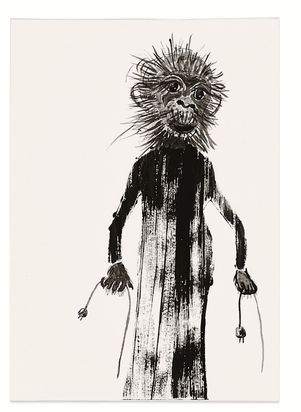 Tuschezeichnung eines affenähnlichen Fabelwesens mit schwarzer Robe, dass  in beiden Händen je zwei Steckdosenkabel hält.