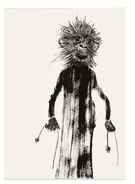 Tuschezeichnung eines affenähnlichen Fabelwesens mit schwarzer Robe, dass  in beiden Händen je zwei Steckdosenkabel hält.