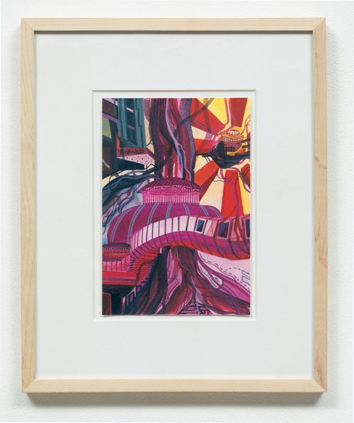 Abstrakte architektonische Szenerie mit dominierenden Rosa- und Rottönen, die eine futuristische Architektur zeigt, die sich um einen großen, baumartigen Stamm mit einer Art Pavillon windet. Eine geschwungene Brücke verbindet mehrere Gebäudestrukturen, während im Hintergrund strahlenförmige, leuchtende Formen zu sehen sind.