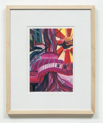 Abstract architectural scene dominated by shades of pink and red, depicting futuristic architecture winding around a large, tree-like trunk with a kind of pavilion. A curved bridge connects several building structures, while radiant, luminous shapes can be seen in the background.