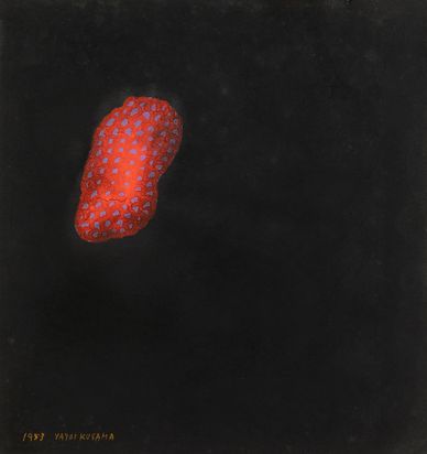 Red elongated shape on a black background, reminiscent of a tongue. The red shape is covered with purple dots.