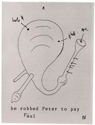 Zeichnung eines Gefäßes mit bauchiger, kürbisähnlicher Form und schmäleren Zuläufen.