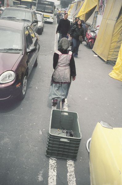 Eine Person geht am Straßenrand entlang und zieht eine Box hinter sich her, der mit einem Seil um ihren Oberkörper befestigt ist.