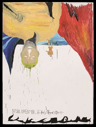A painting in portrait format. The picture was painted on wood using acrylic paint, varnish, and pencil. The background is white. At the bottom of the picture, the words “NOVA DREAMER by Andy Hope 1930” are written in thin black lettering. Below this, a long black shape can be seen that looks like abstract lettering. The remaining figures and shapes in the painting are upside down at the top of the painting, as if the painting were upside down. In the background, on the far left, there is a pointed mountain in dark blue with light blue stripes, and on the far right, the slope of a red mountain. In the foreground on the left is the upper body of a blond man. He is wearing a beige long-sleeved top, and on his shoulder is a small person who is only about half the size of his head and is wearing a short orange dress with pink boots. 
