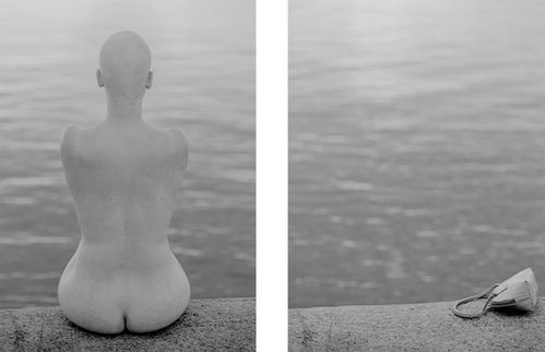 Two black and white pictures next to each other. The first shows the back view of a naked, bald woman sitting on the shore of a lake or sea. The second shows the same shore, but instead of the woman there is a leather handbag.