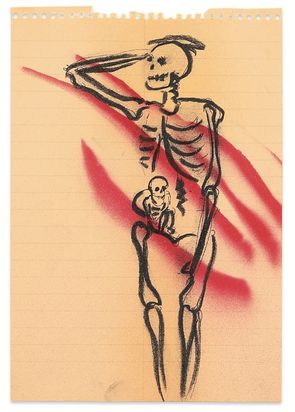Zeichnung eines Skeletts dass sich an den Kopf fasst, in seinem Schoß ein kleineres Skelett, Zeichnung auf liniertem Blockpapier, drei Streifen rote Sprühfarbe darüber.