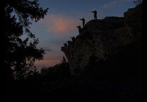 Men stand on a rocky outcrop at dusk with rifles pointed straight ahead.