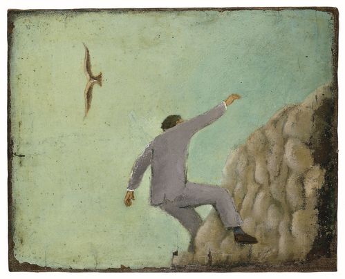 Farbige Zeichnung eines Mannes, der von einem Felsen stürzt, während über seinem Kopf ein Vogel kreist.