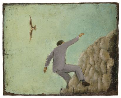 Farbige Zeichnung eines Mannes, der von einem Felsen stürzt, während über seinem Kopf ein Vogel kreist.