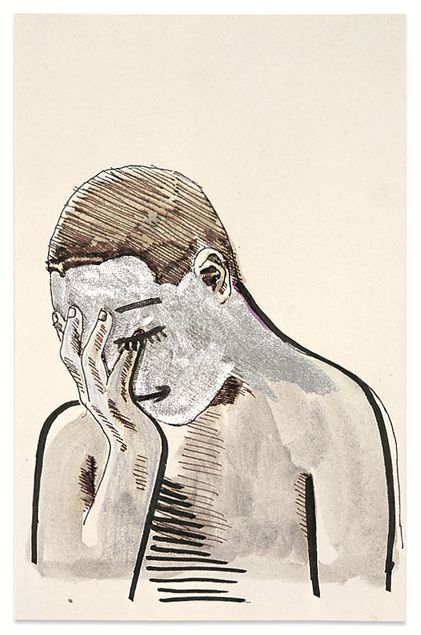 Tuschemalerei eines Jungen oder Mannes, der sein Gesicht in seine Hand legt.