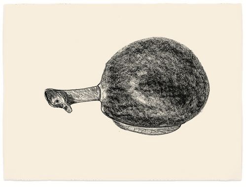 Zeichnung eines liegenden, fruchtähnlichen Objekts.