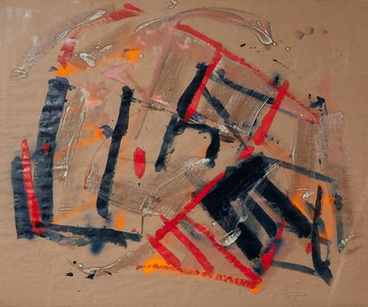 Abstrakte Malerei mit starken dunkelblauen, roten, gelben und grauen Pinselstrichen auf hellbraunem Hintergrund.